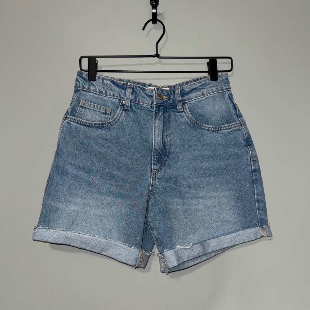 Cotton On Relaxed Denim Shorts Blue High Waisted Cuffed Raw Hem Womens Size 4 US